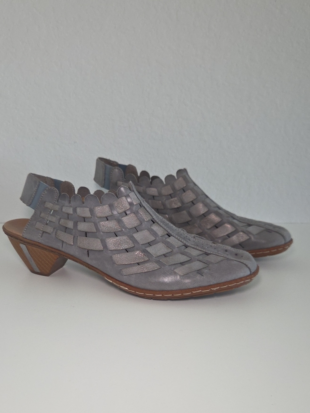 Rieker Leather Metallic Gray Woven Slingback Mules Sandals Shoes Us 10 Or EUR 42
